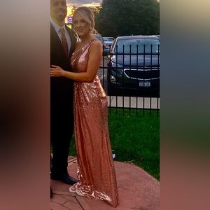Beautiful rose gold sequin one shoulder maxi dress